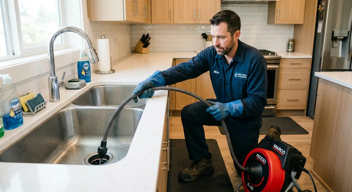 Drain cleaning technician using a motorized snake on a kitchen sink in Lyndon