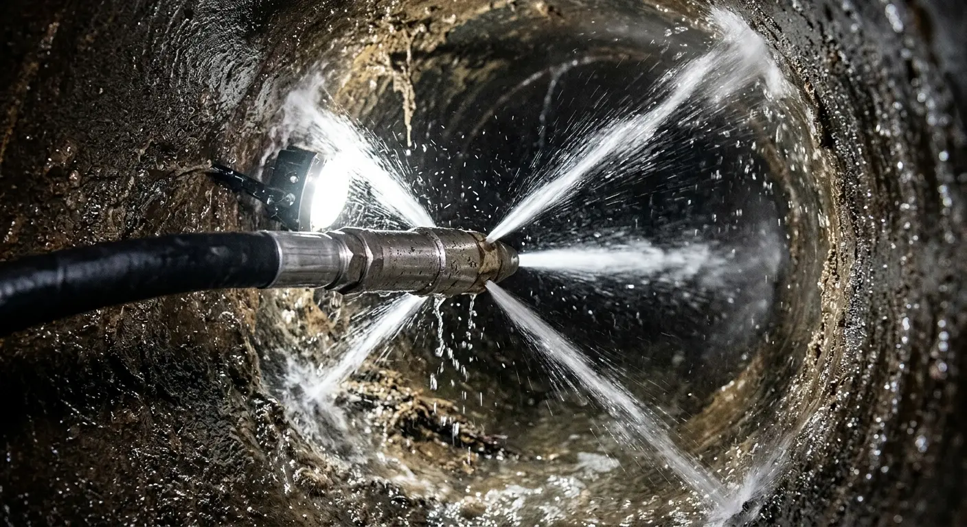 High-pressure hydro jetting nozzle cleaning sewer pipe for Emergency Drain Service in Lyndon