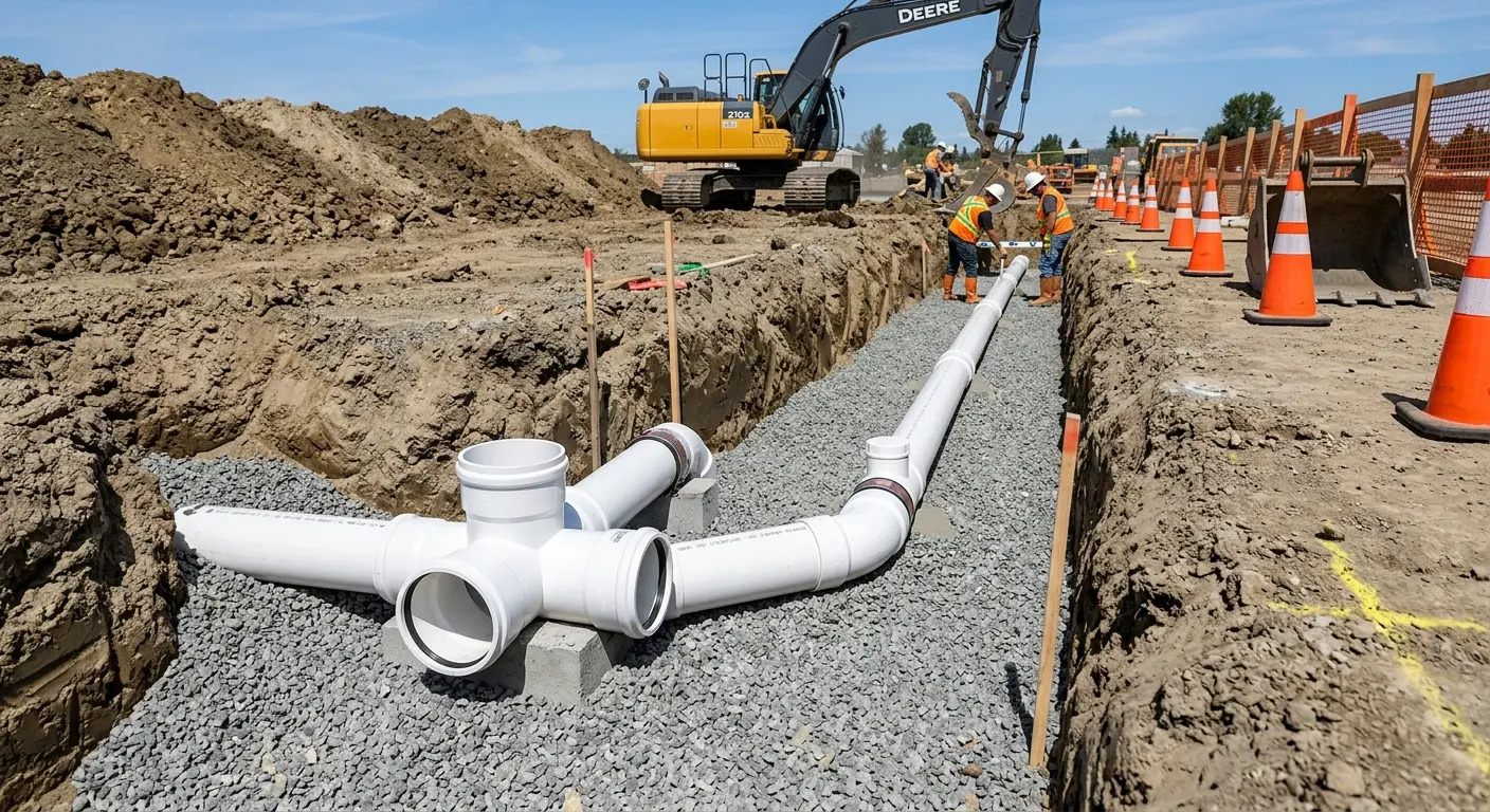 New PVC sewer pipe installation in open trench for Sewer Backup in Lyndon